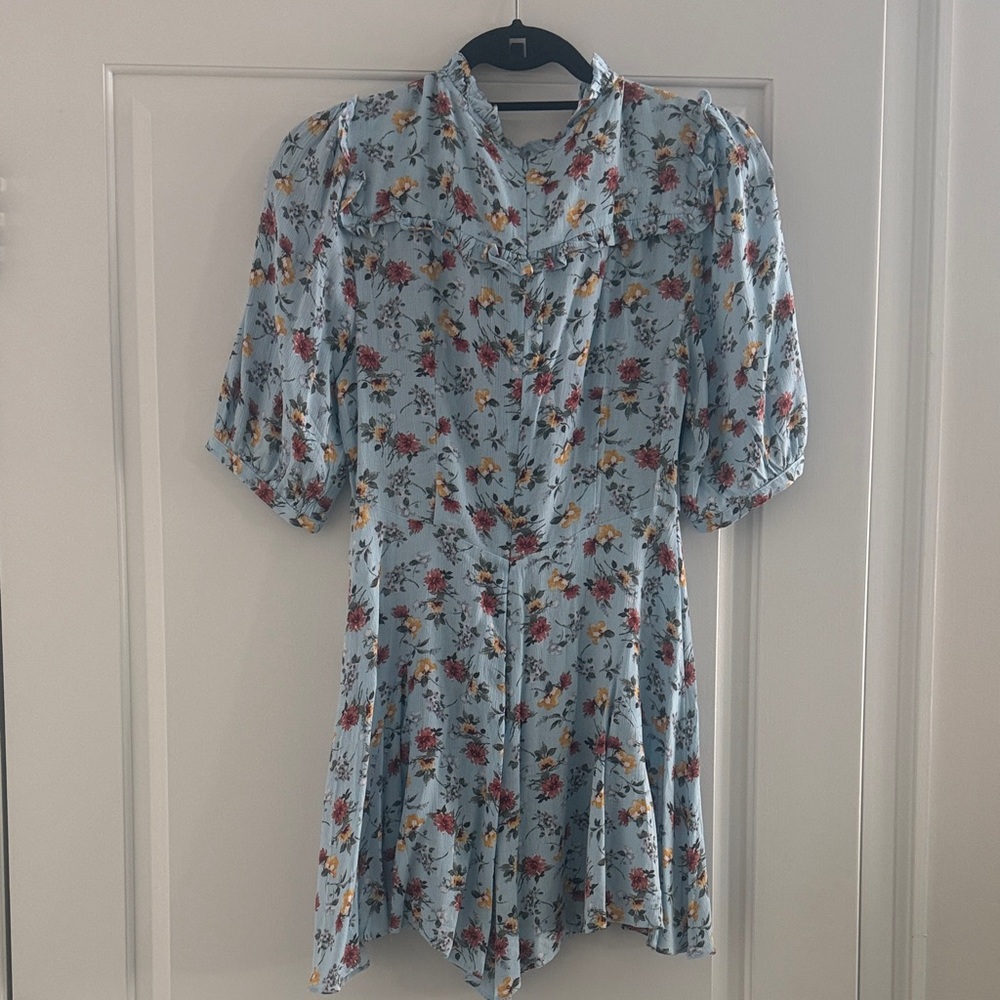 Olivaceous Light Blue Floral Tie-Neck Mini Dress - Picture 4 of 7